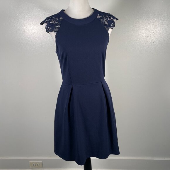 Speechless Navy Blue Crew Neck Lace Shoulder Sleeveless Fit & Flare Dress M - Picture 2 of 16